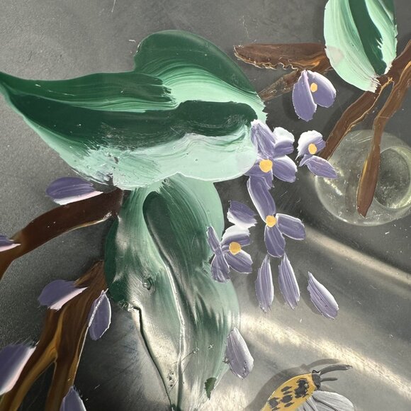 Hand Painted Glass Plate Bees Purple Flowers Decorative Floral Botanical Footed - Picture 6 of 9